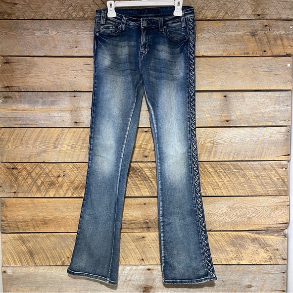 Rock & Roll Cowgirl Jeans Womens Size 30x34 Bootcut Stretch Denim Braided Y2K - Picture 2 of 16